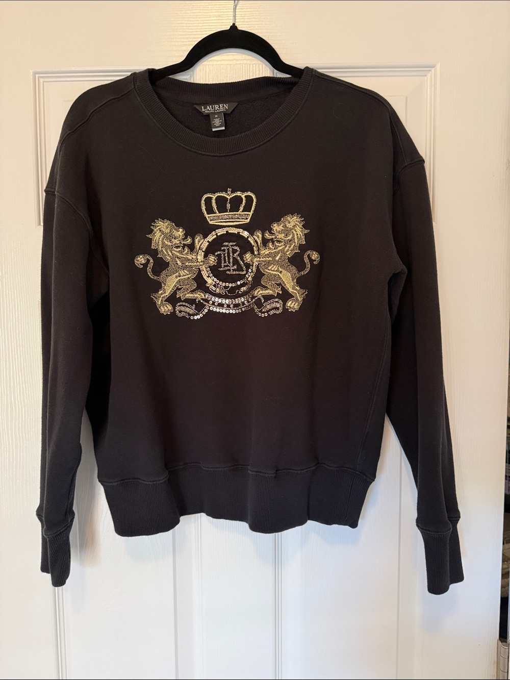 Lauren Ralph Lauren Black Crewneck Sweat Shirt with Gold Crest